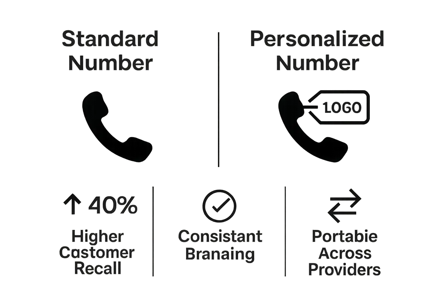 Comparison of standard vs personalized phone numbers showing customer recall statistics and branding benefit