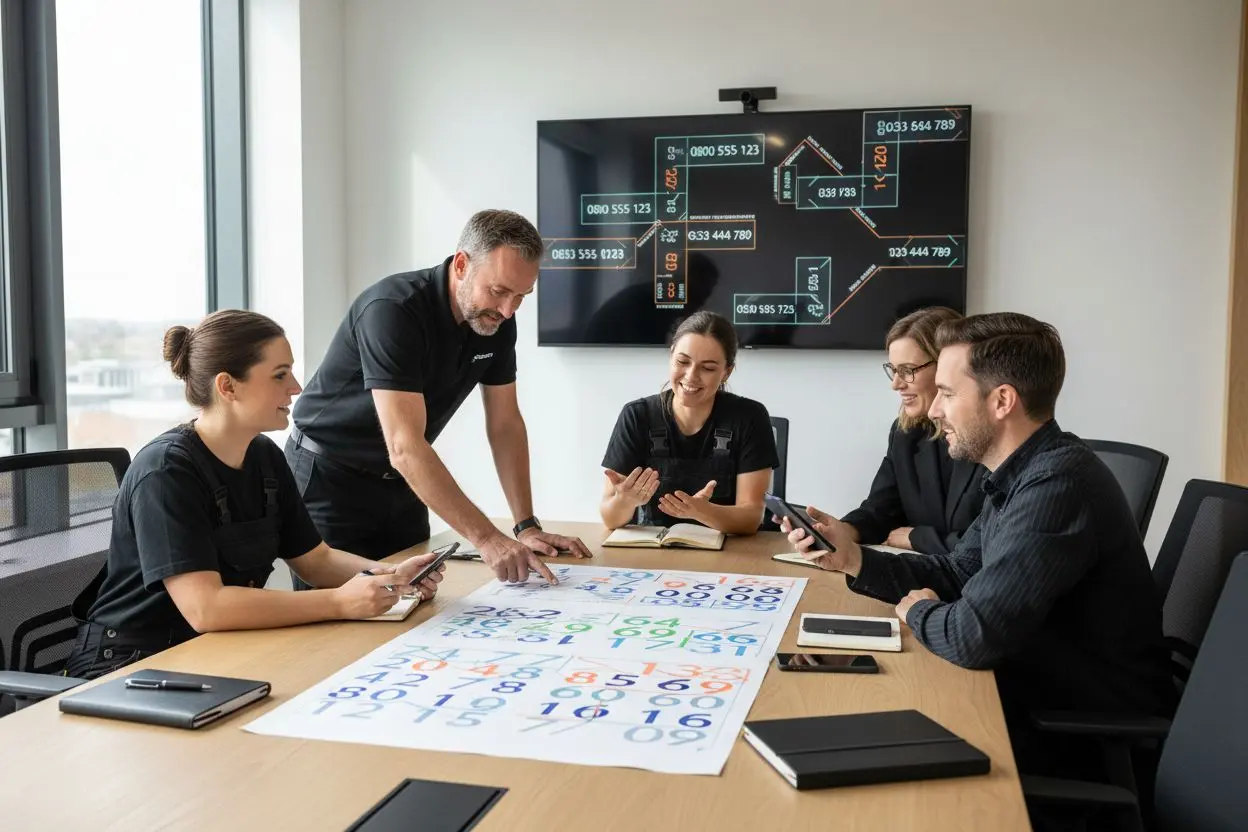 memorable landline numbers, UK business teamwork, educational office discussion