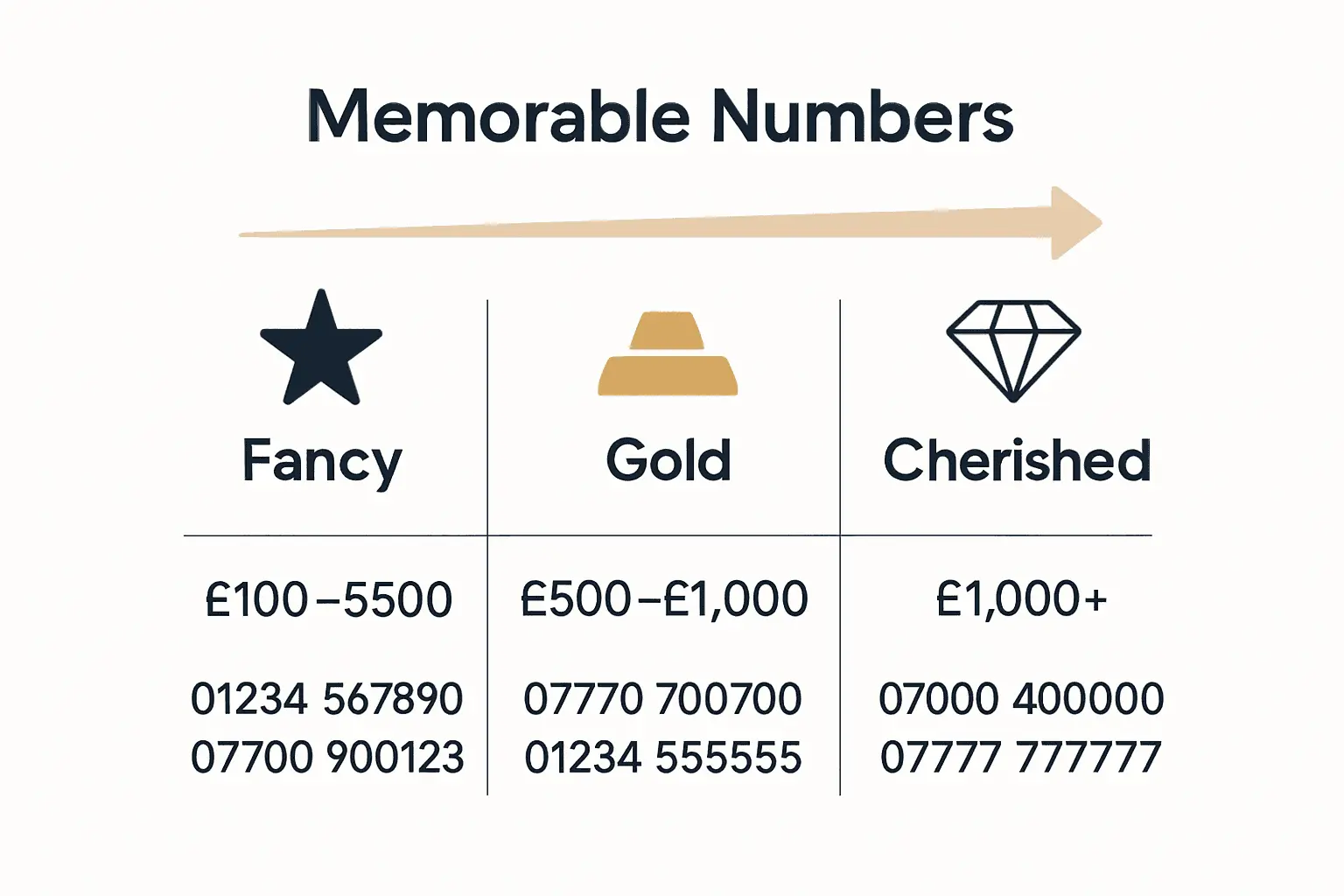 Infographic comparing Fancy, Gold, and Cherished UK memorable phone numbers by cost and features.