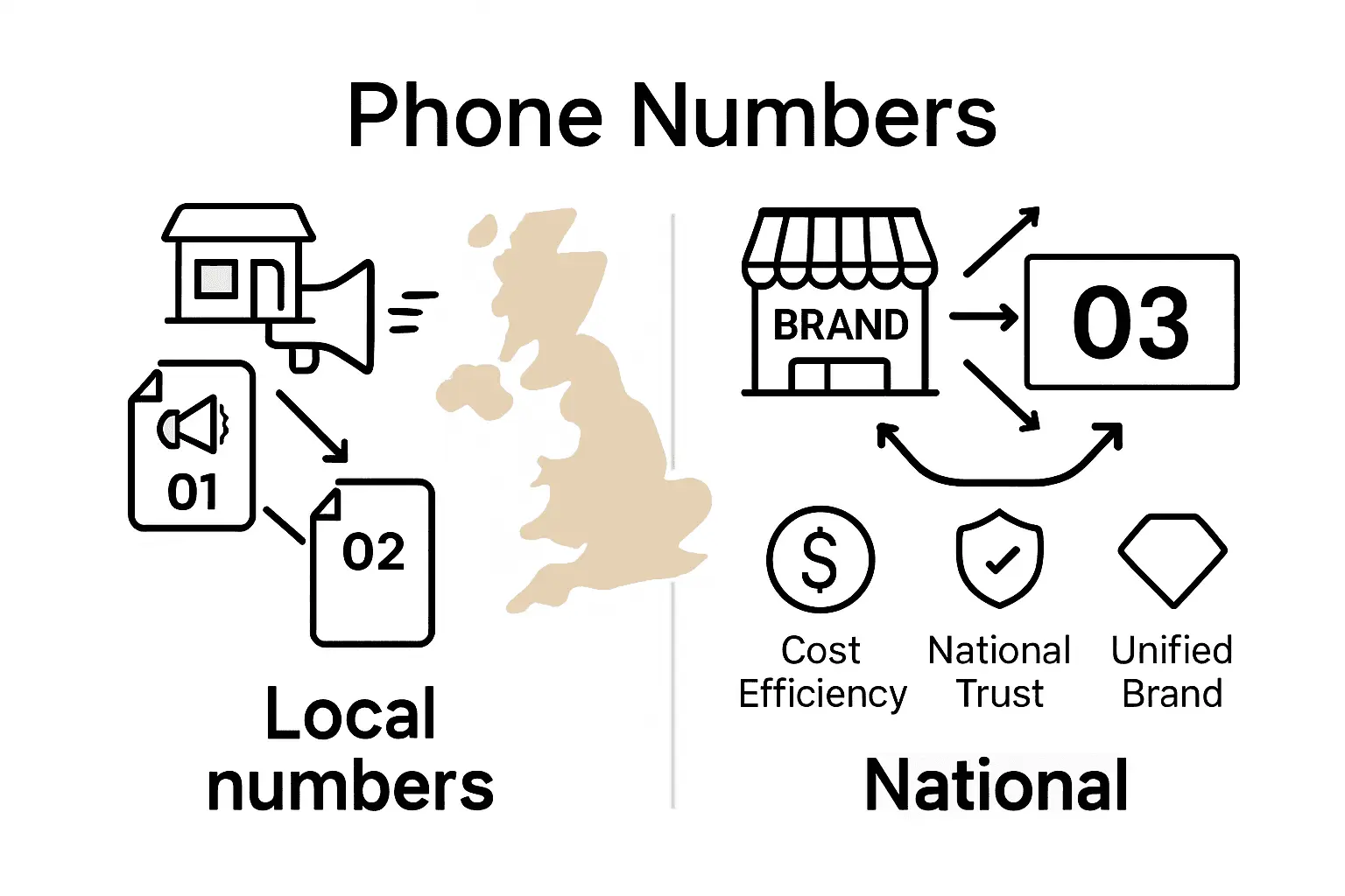 Comparison chart between regional and UK-wide business phone numbers.