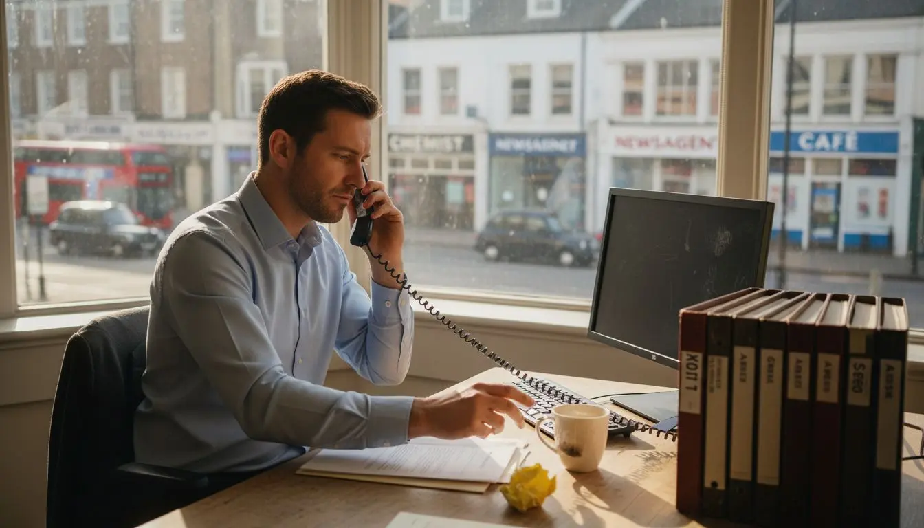 Office manager using UK landline phone