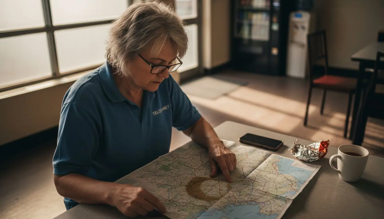 Worker studying UK area code map