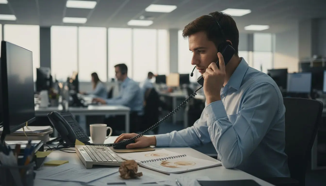 Customer support agent answering phone in UK office