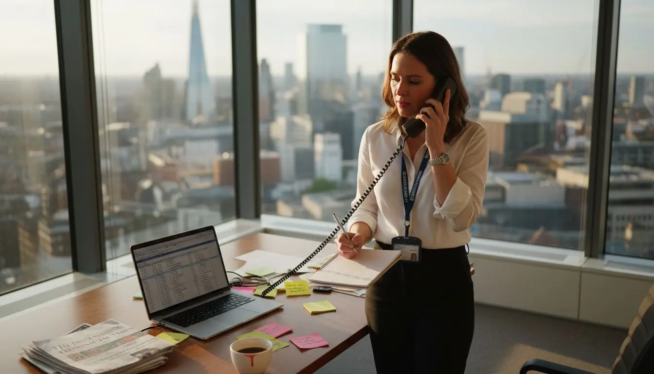 Businesswoman making call in corner London office