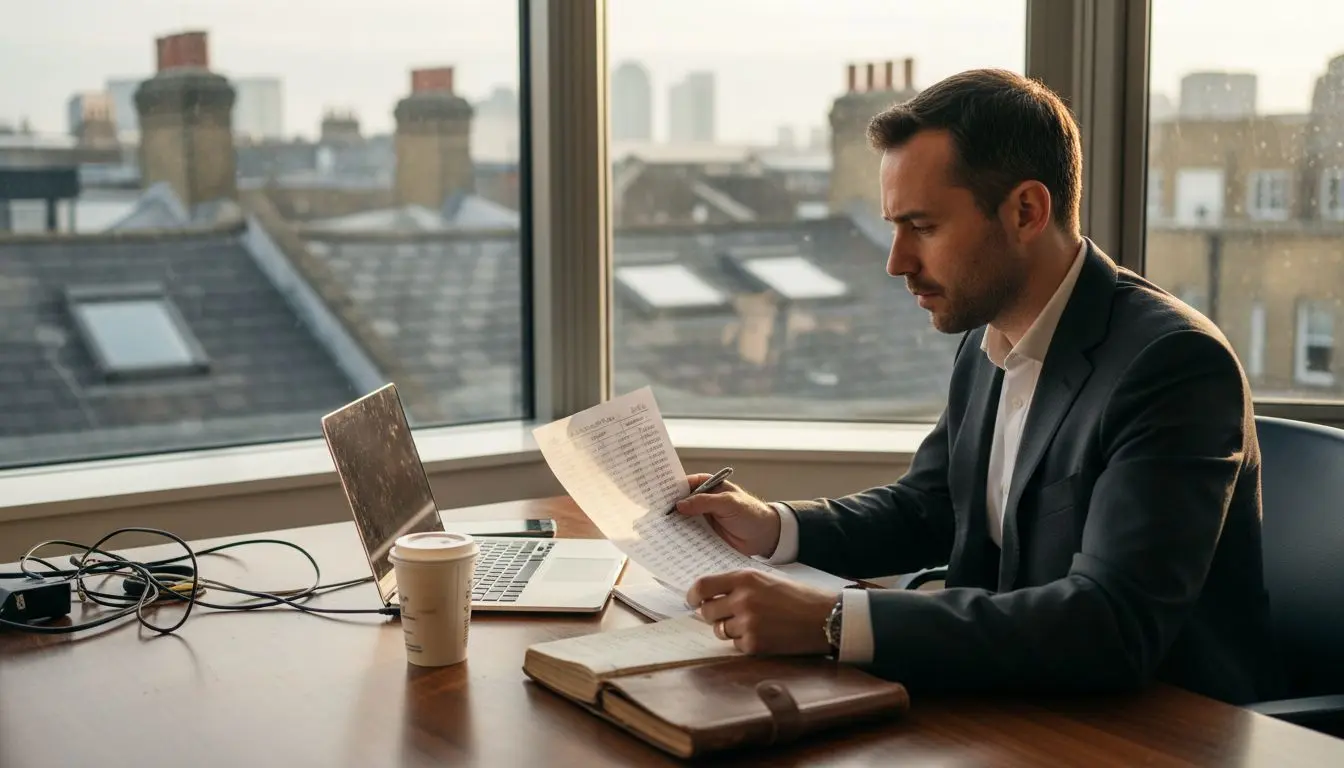 Businessman reviews mobile numbers at office desk
