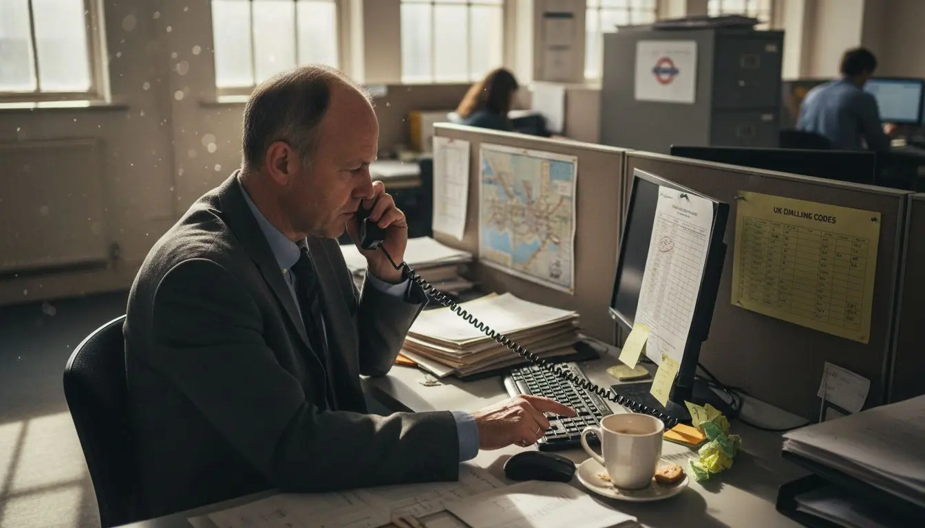 Office worker referencing UK area codes at desk