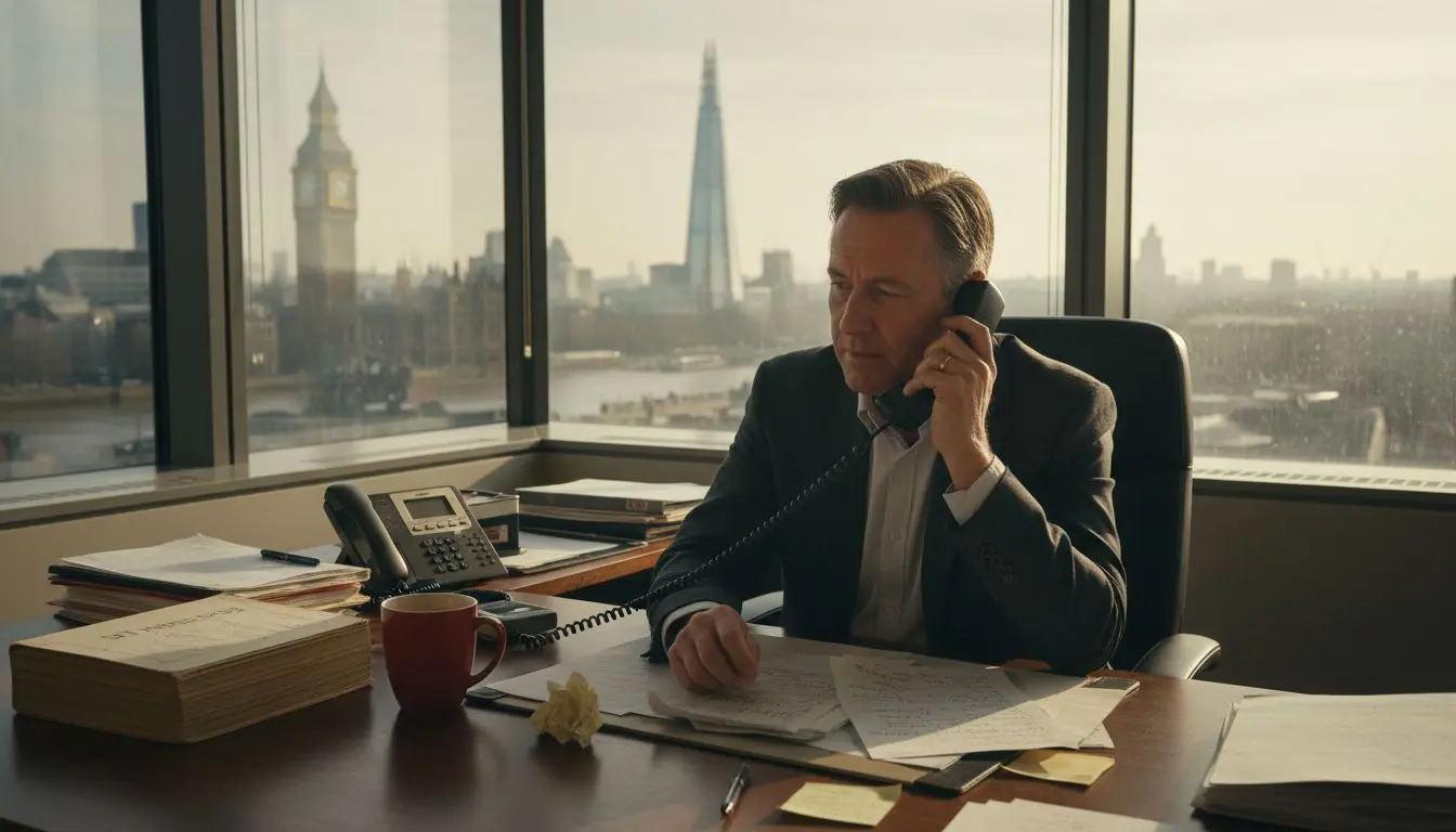 Man phoning from UK office corner