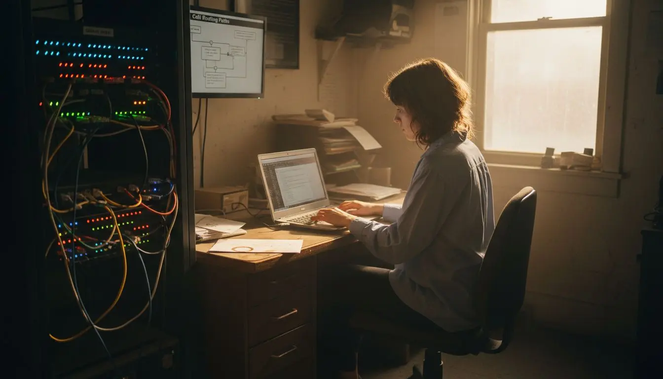 Technician working beside call routing setup
