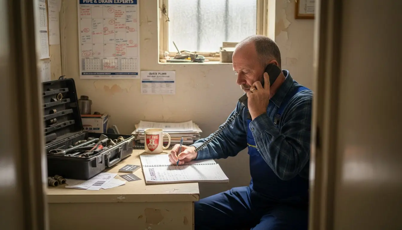 Plumber answers landline phone at desk