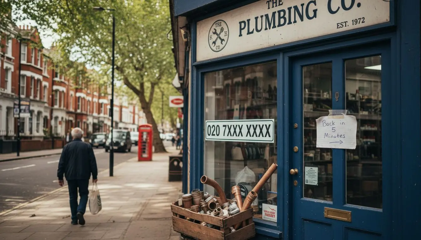 Plumbing shop showing local landline number