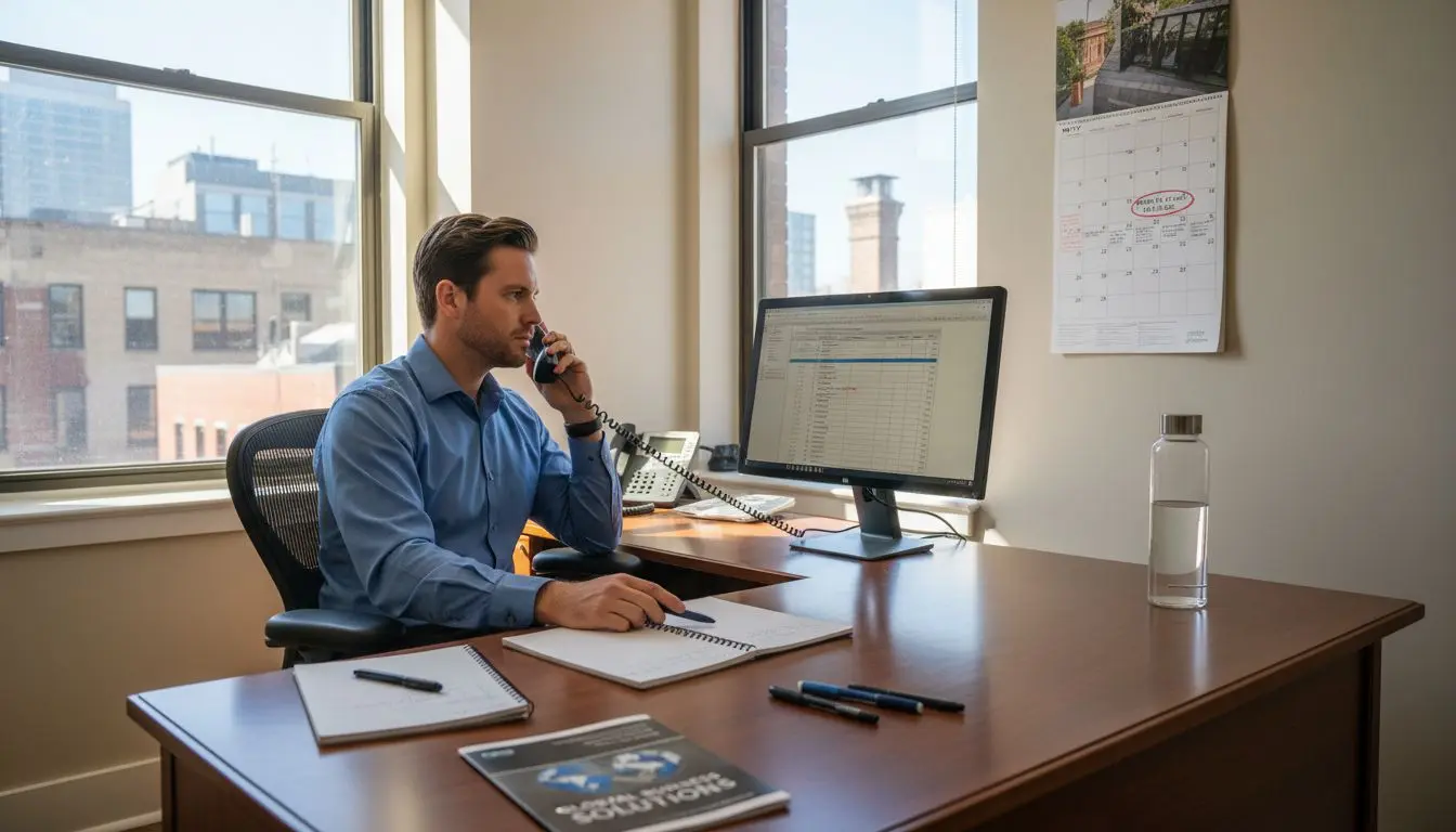 Office manager using business telephone UK