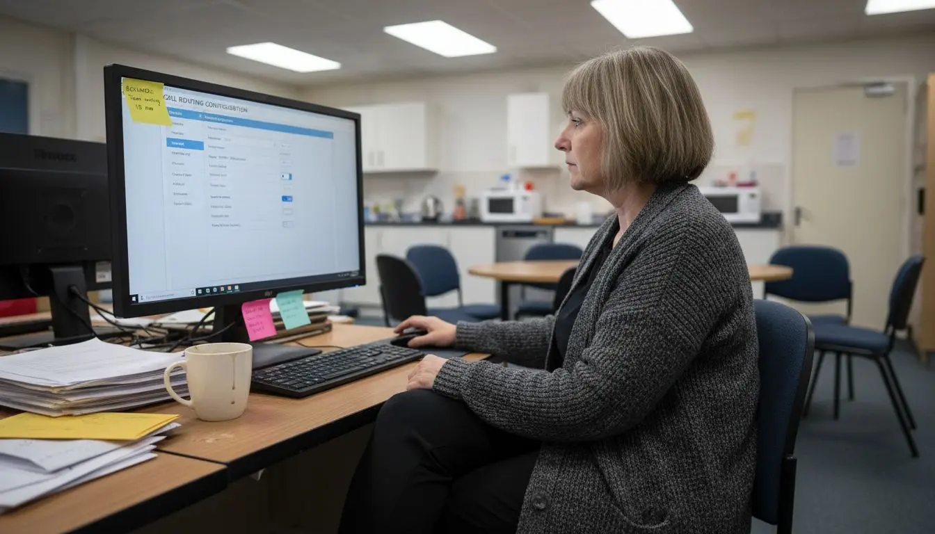 Woman configuring call routing at desk