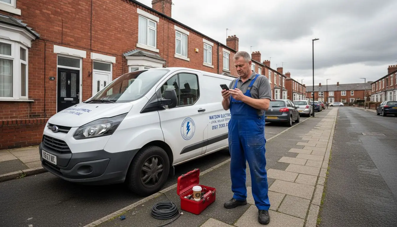 UK tradesperson checking phone outside van