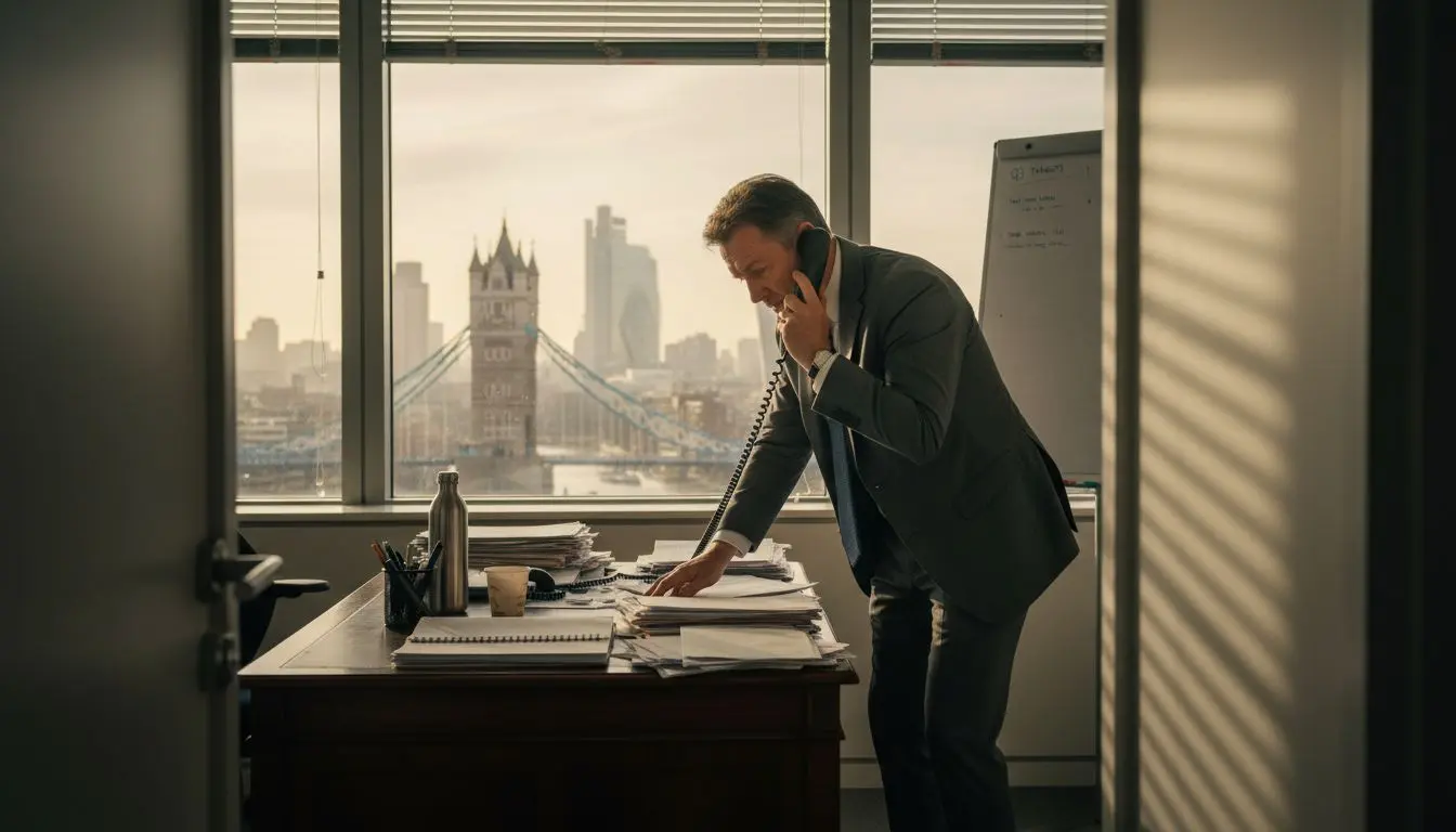 Businessman connecting landline and mobile call in London office