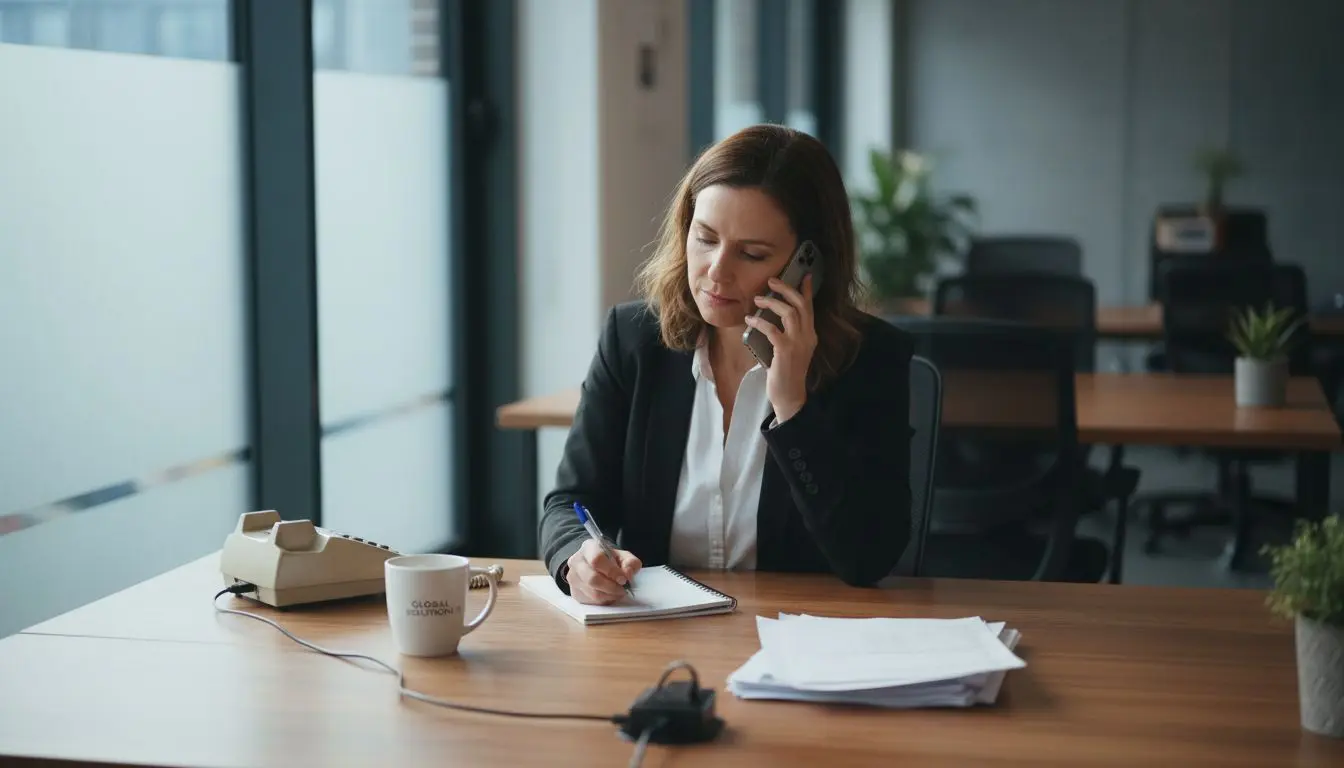 Worker using landline and mobile at coworking desk