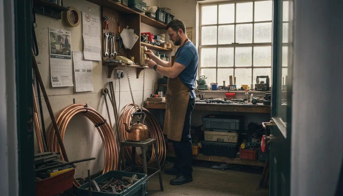 Tradesman setting up landline phone in workshop