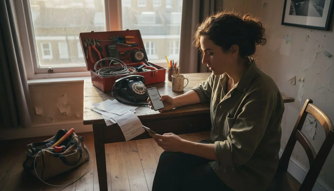Electrician reviewing business phones at home desk