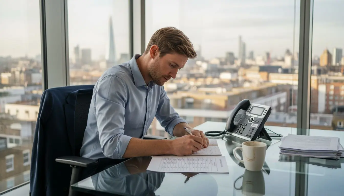 UK business person reviews phone prefix printout