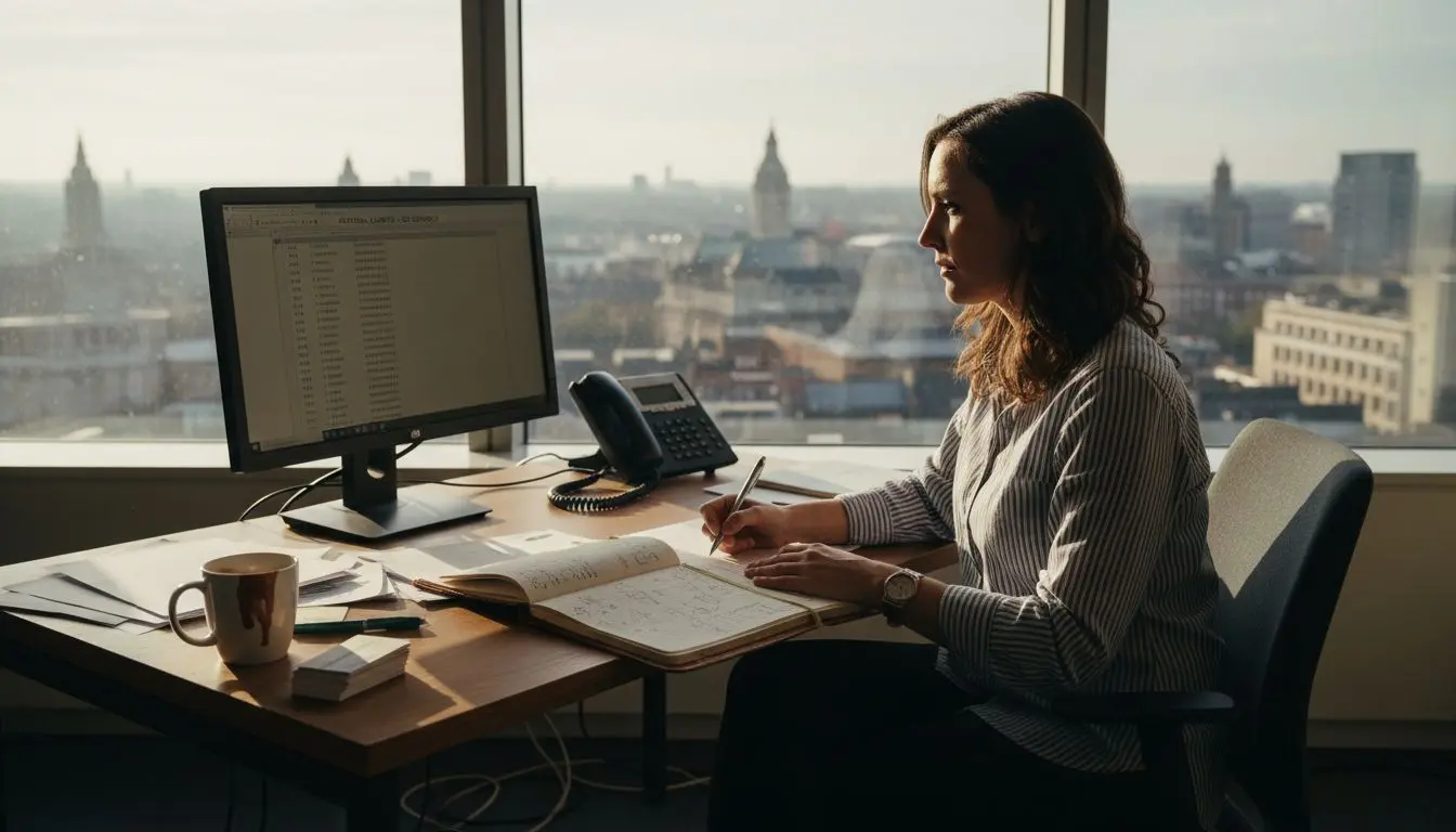 Business owner comparing memorable phone numbers at desk
