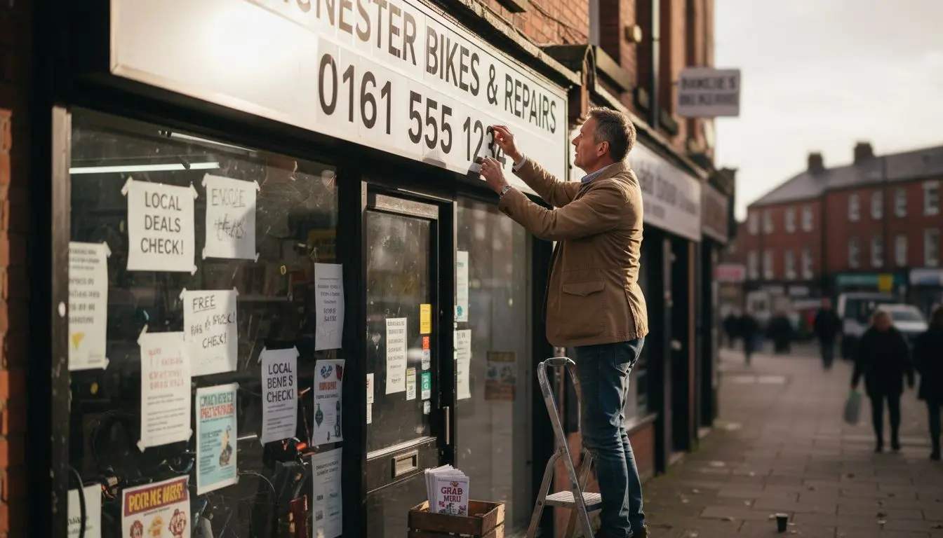 Local UK shop owner displaying business phone number