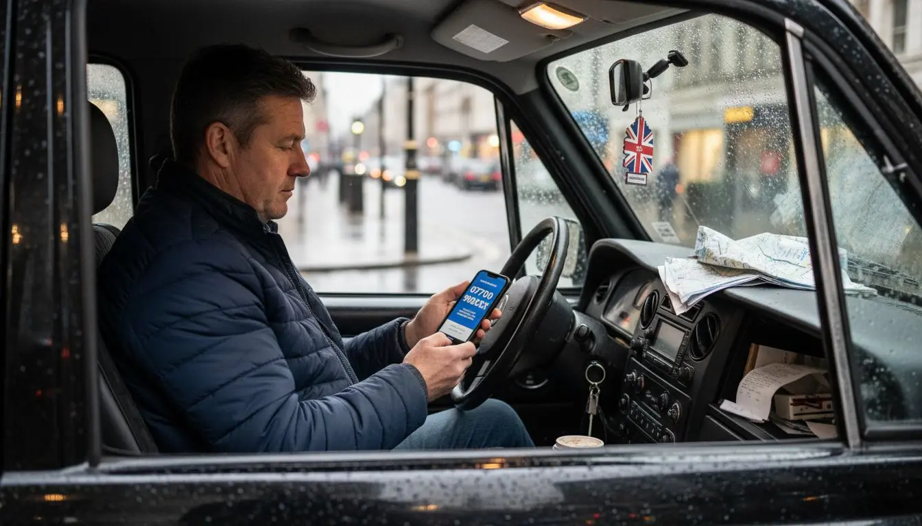 Taxi driver checking mobile phone in cab