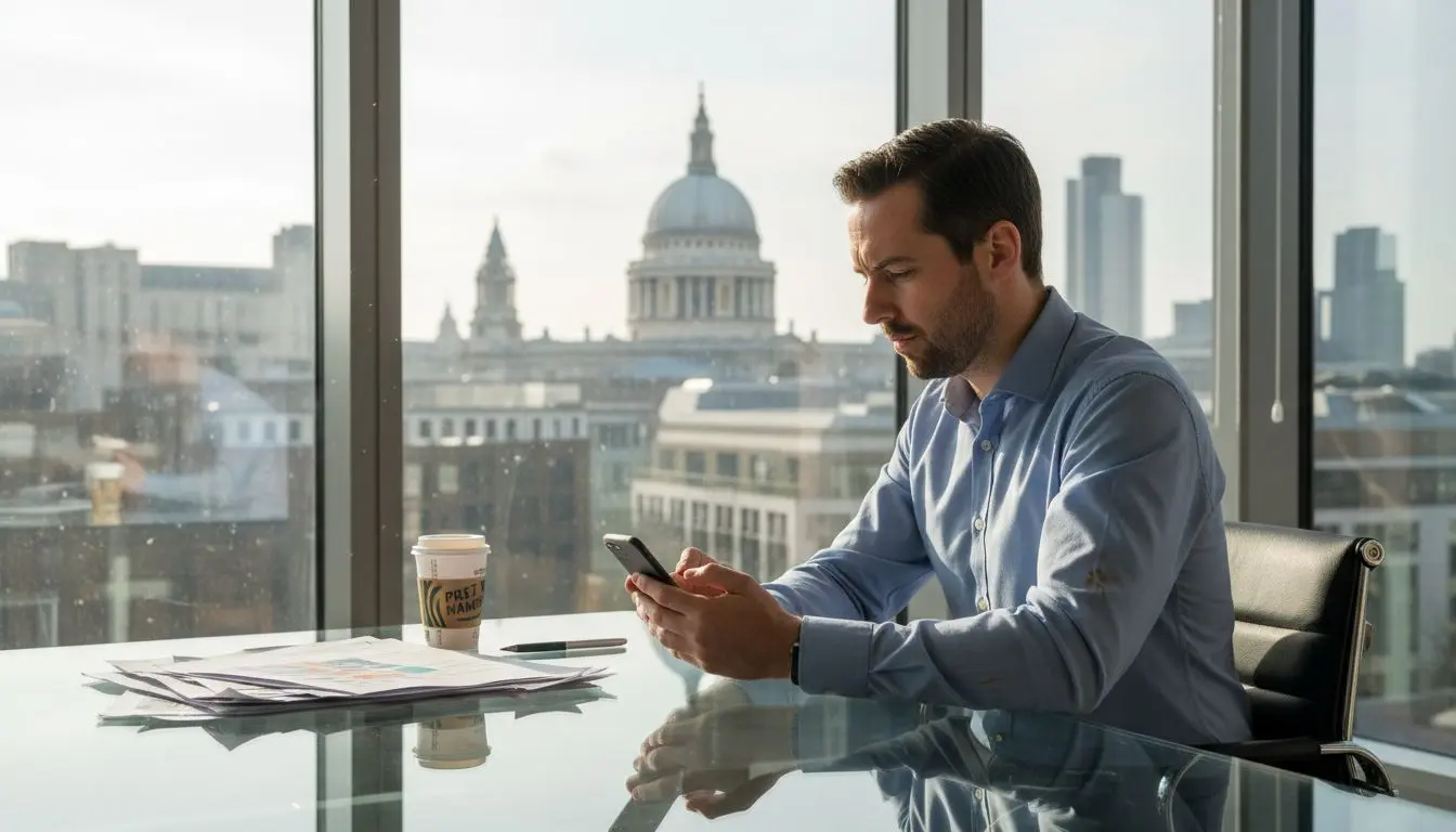 Businessman reviews VIP mobile number in office