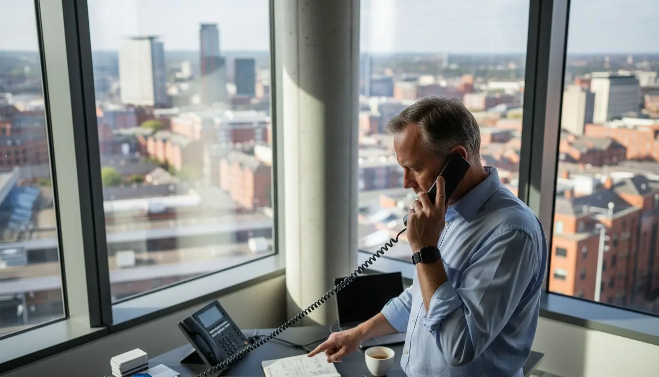 Business owner using office desk phone