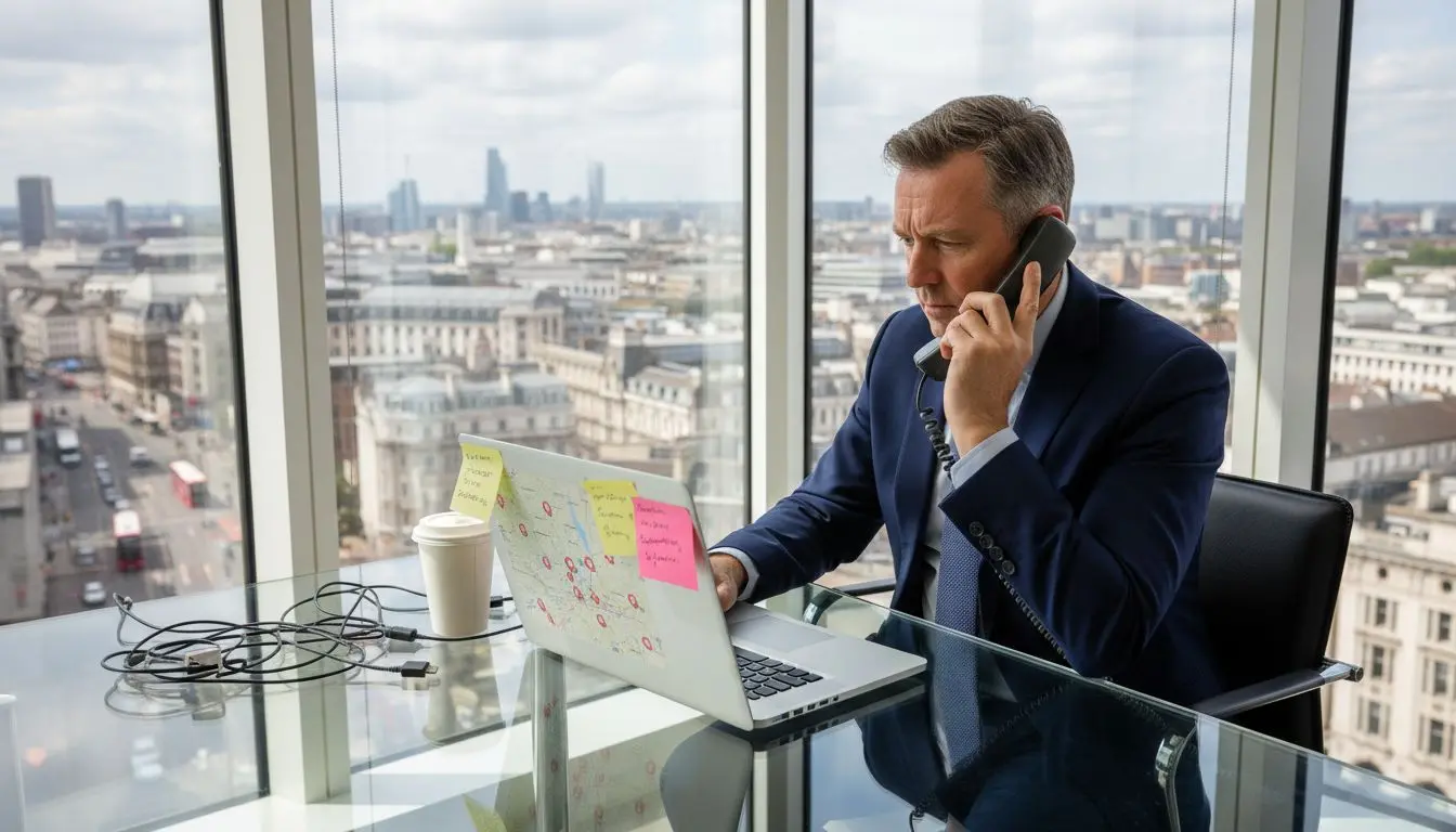 Businessman using virtual UK phone at office desk