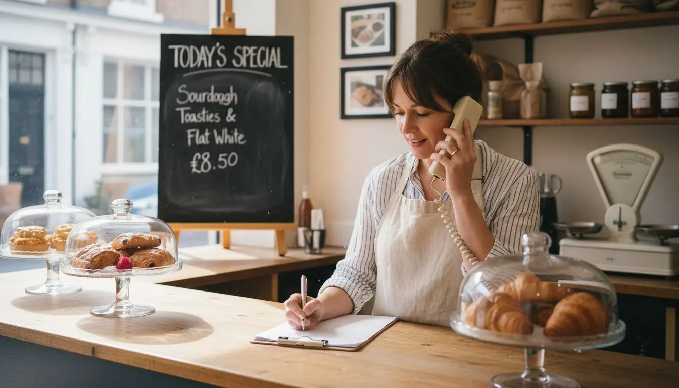 Bakery owner managing calls at counter
