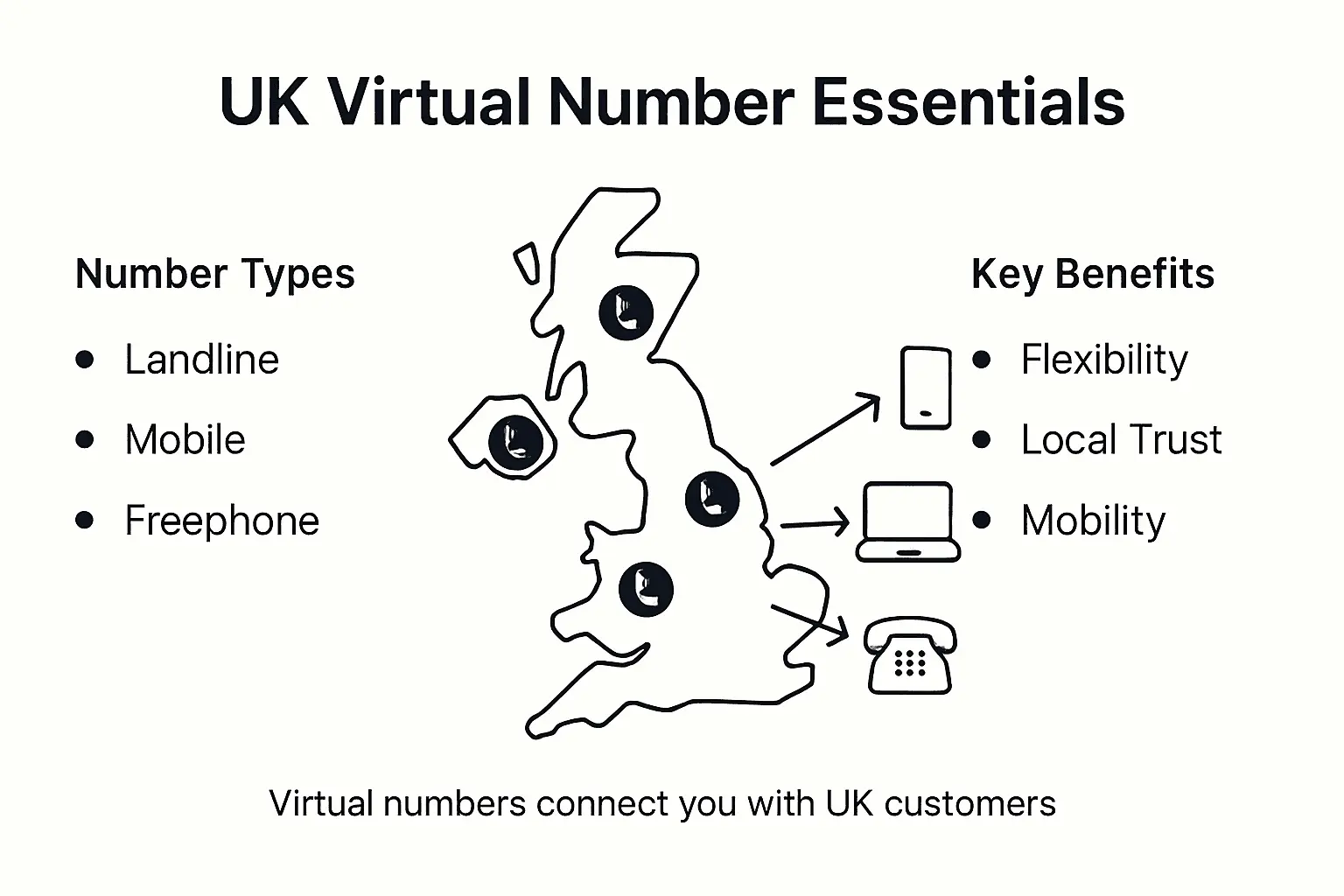 Infographic showing UK virtual number types and benefits