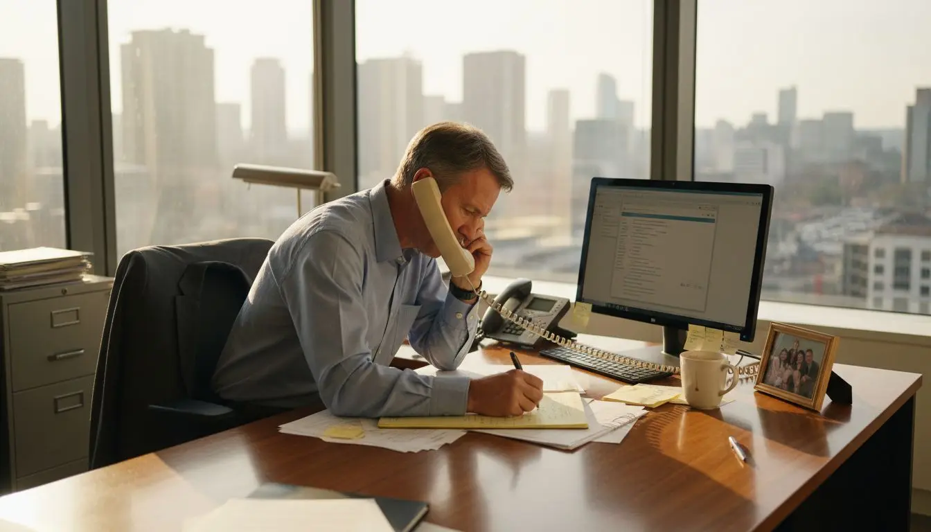 Businessman using corded landline in London office