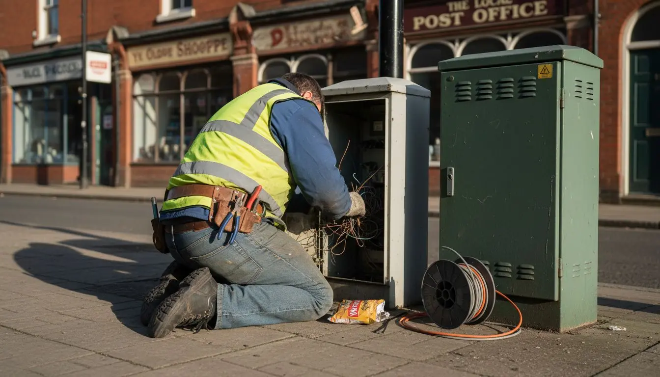 Technician repairing copper landline outside shop
