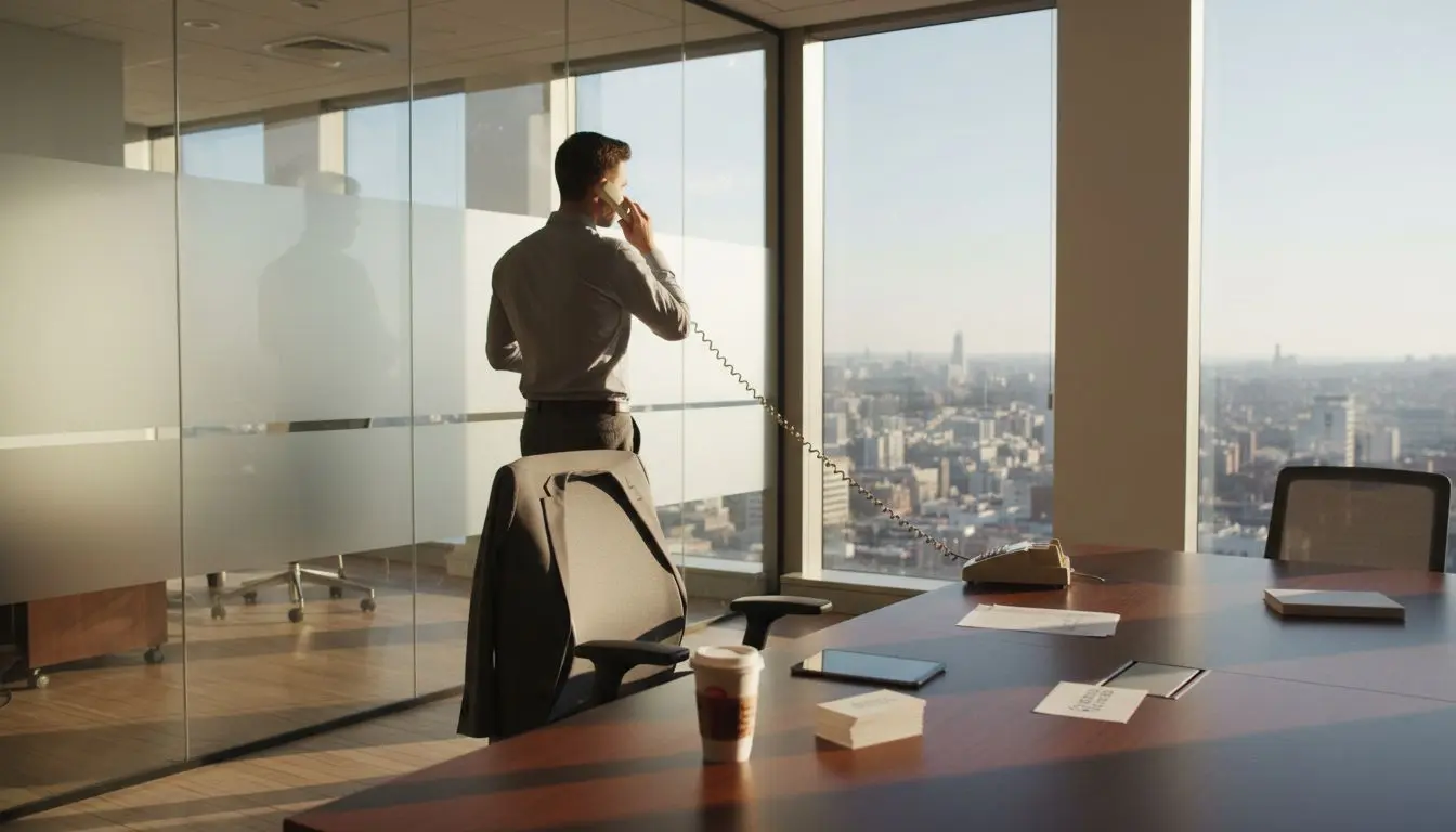 Business owner using landline phone in city office