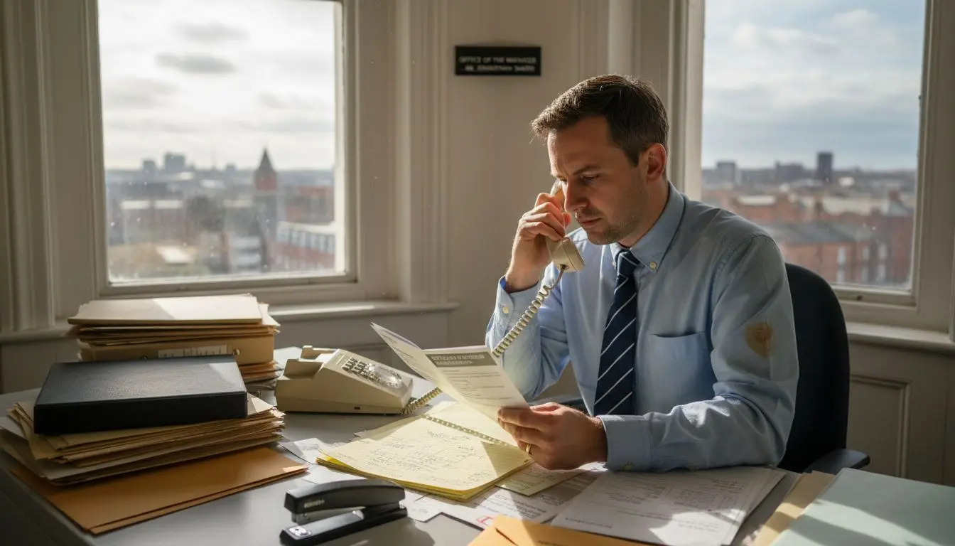 Manager setting up business phone system
