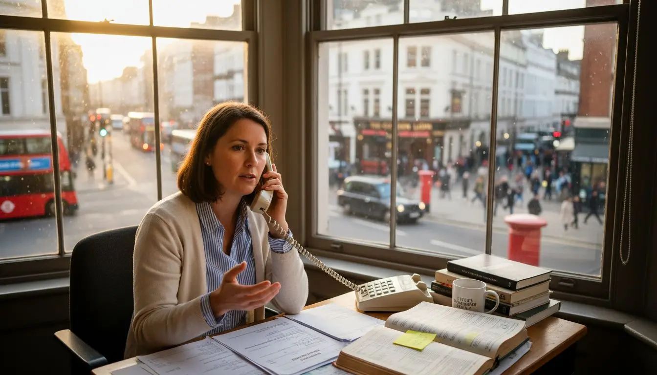 Business owner using phone in UK office