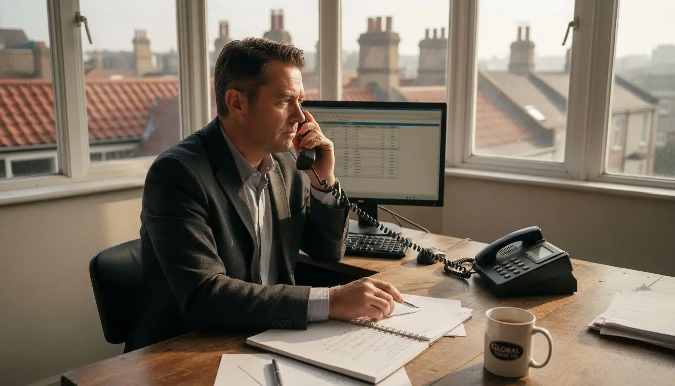 Business owner dialing office telephone in UK