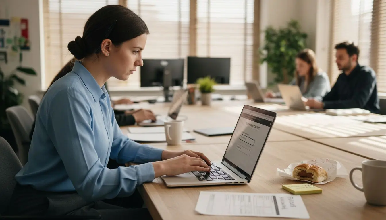 Employee verifying UK business phone number at desk