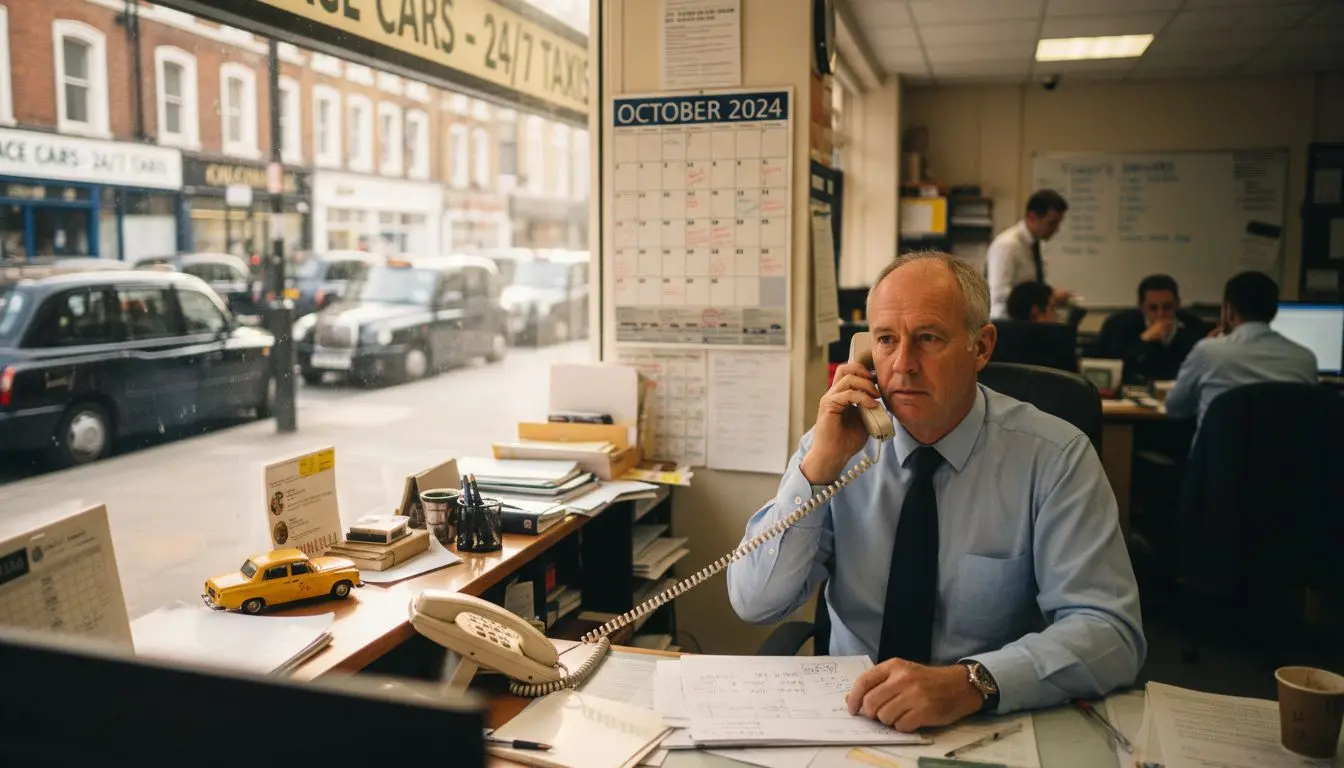 Taxi firm manager making call at taxi office desk
