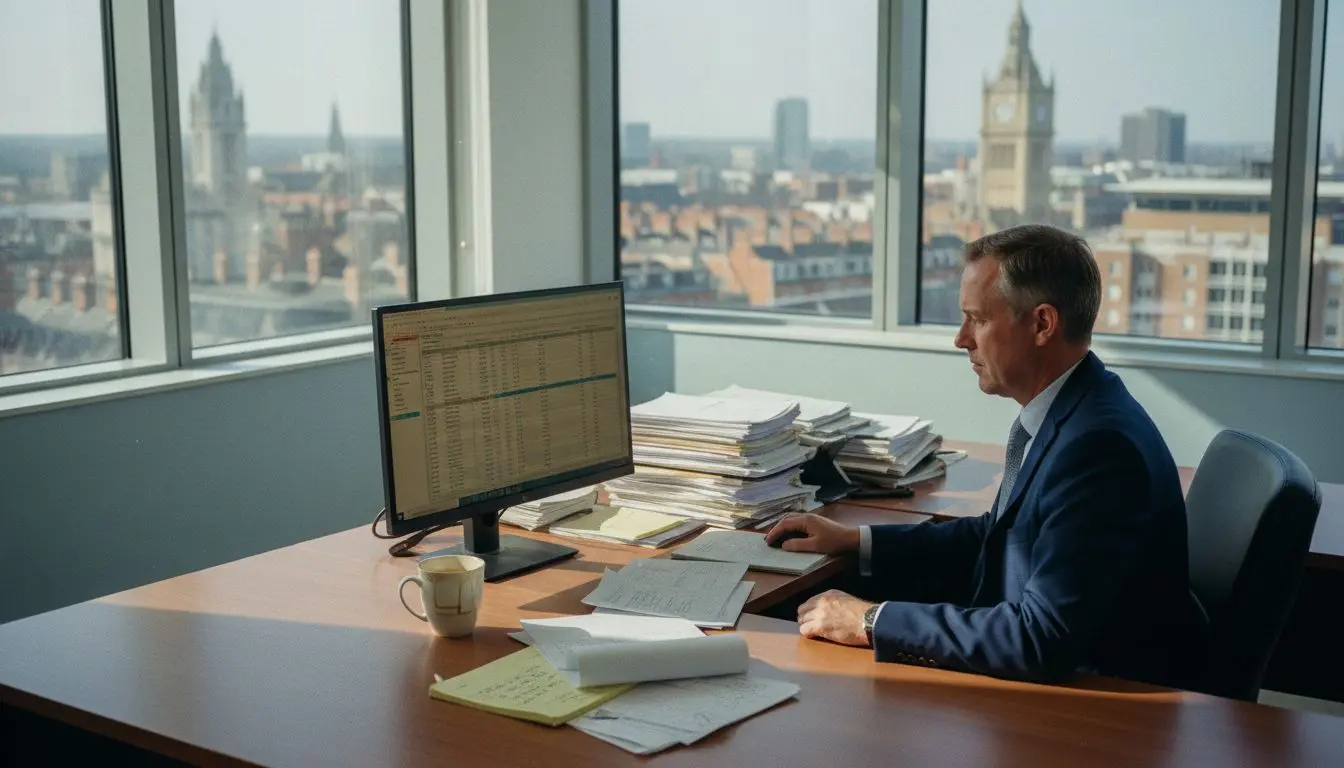 Businessman managing UK phone renewals at office