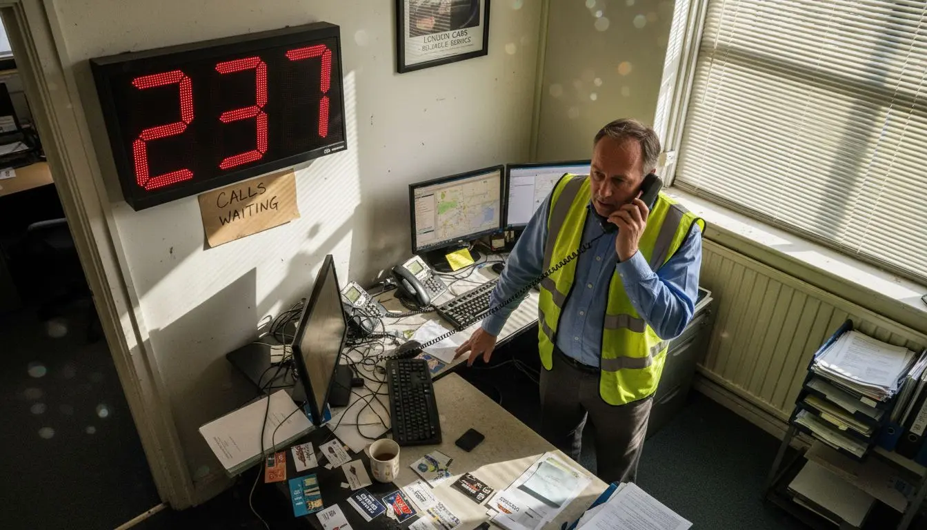 Taxi office manager at busy desk
