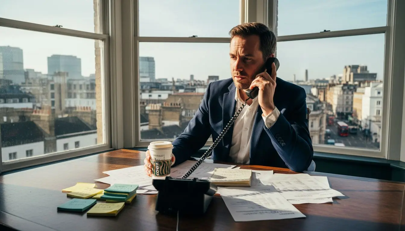 Businessman calling with phone logs on cluttered desk