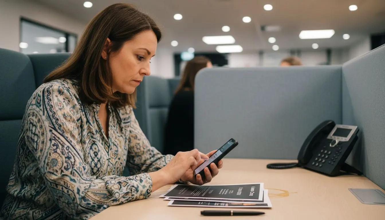 Woman enters business number in busy workspace