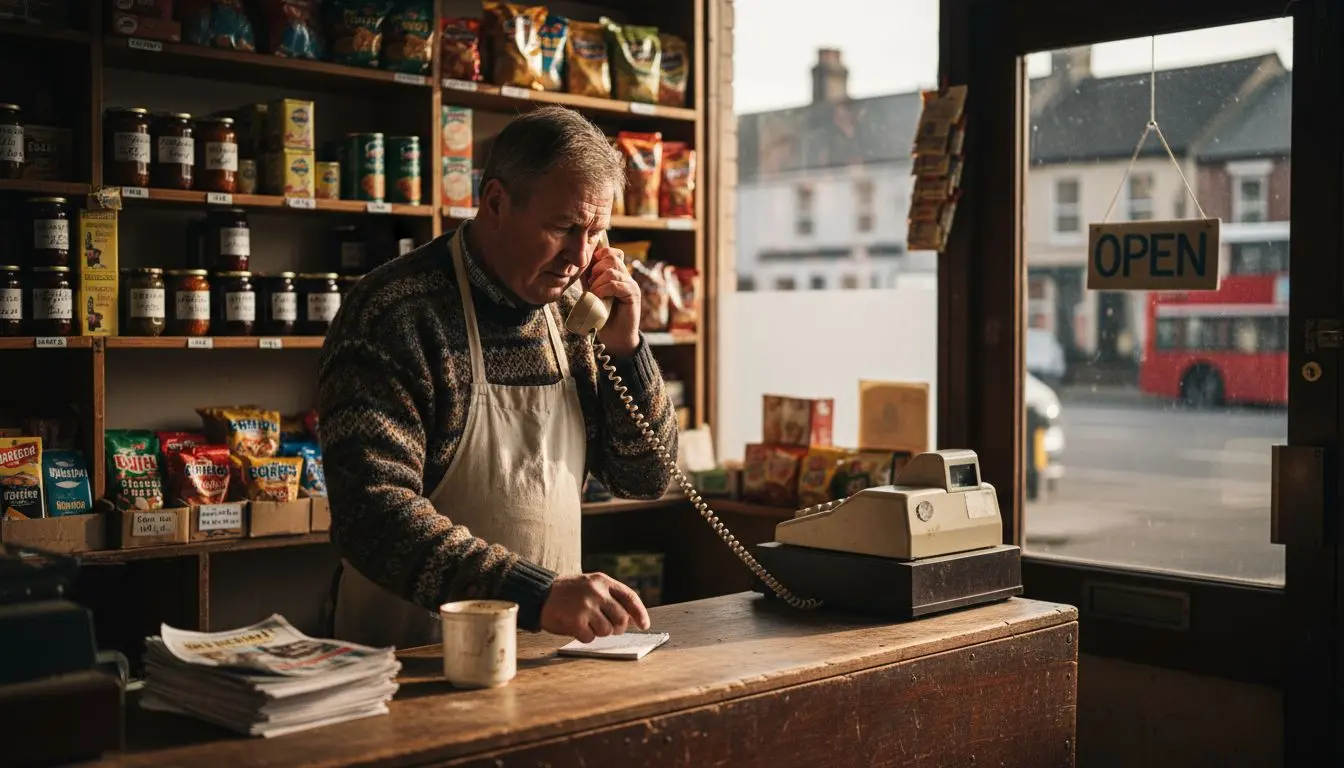 Shop owner using phone for local marketing