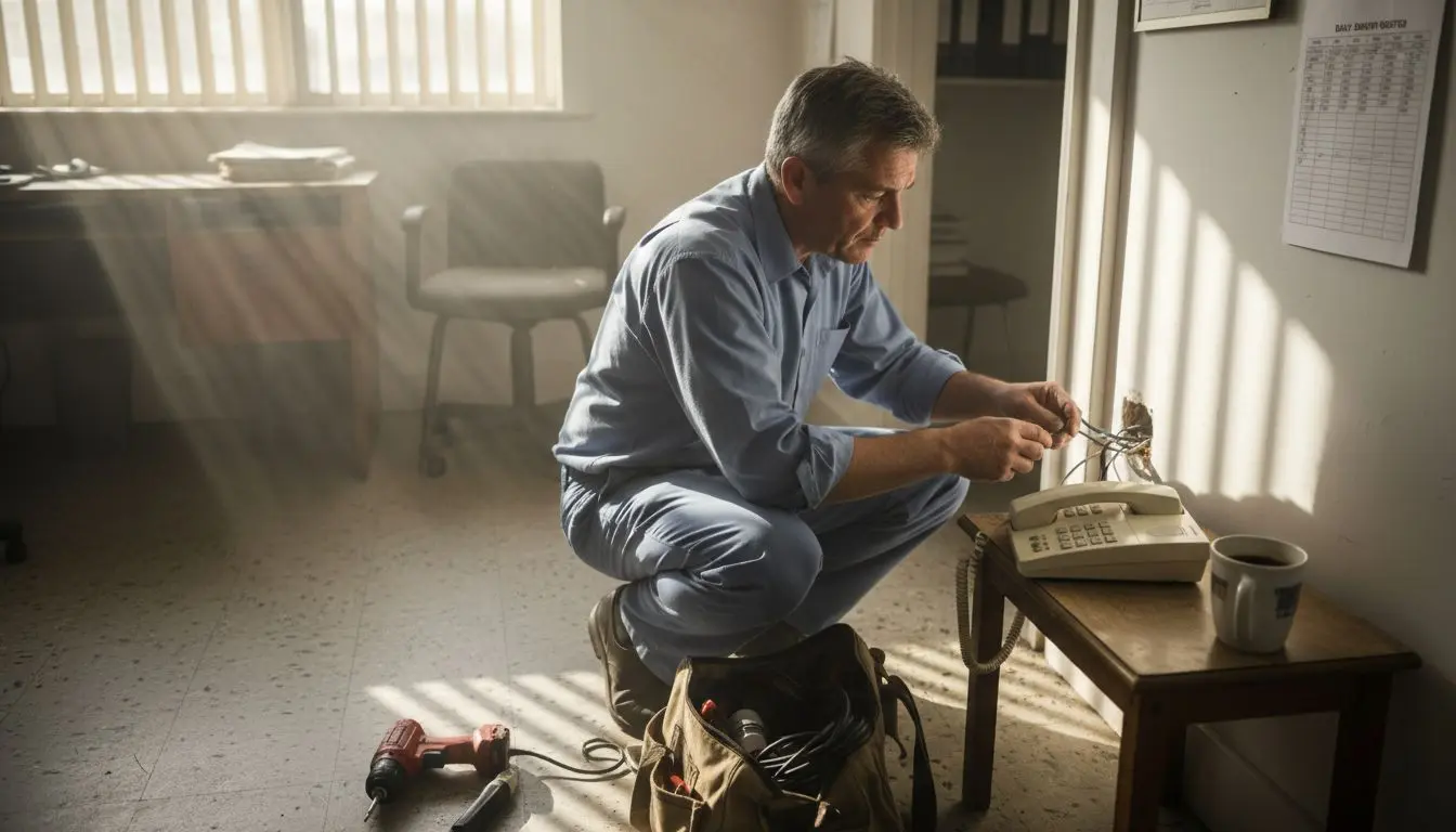 Technician installing landline in taxi office