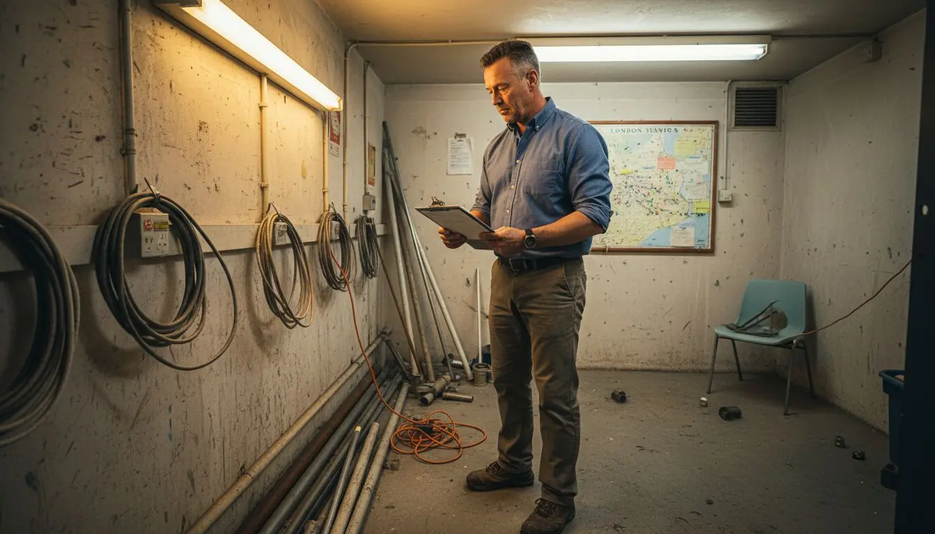 Business owner inspecting wiring for landline install