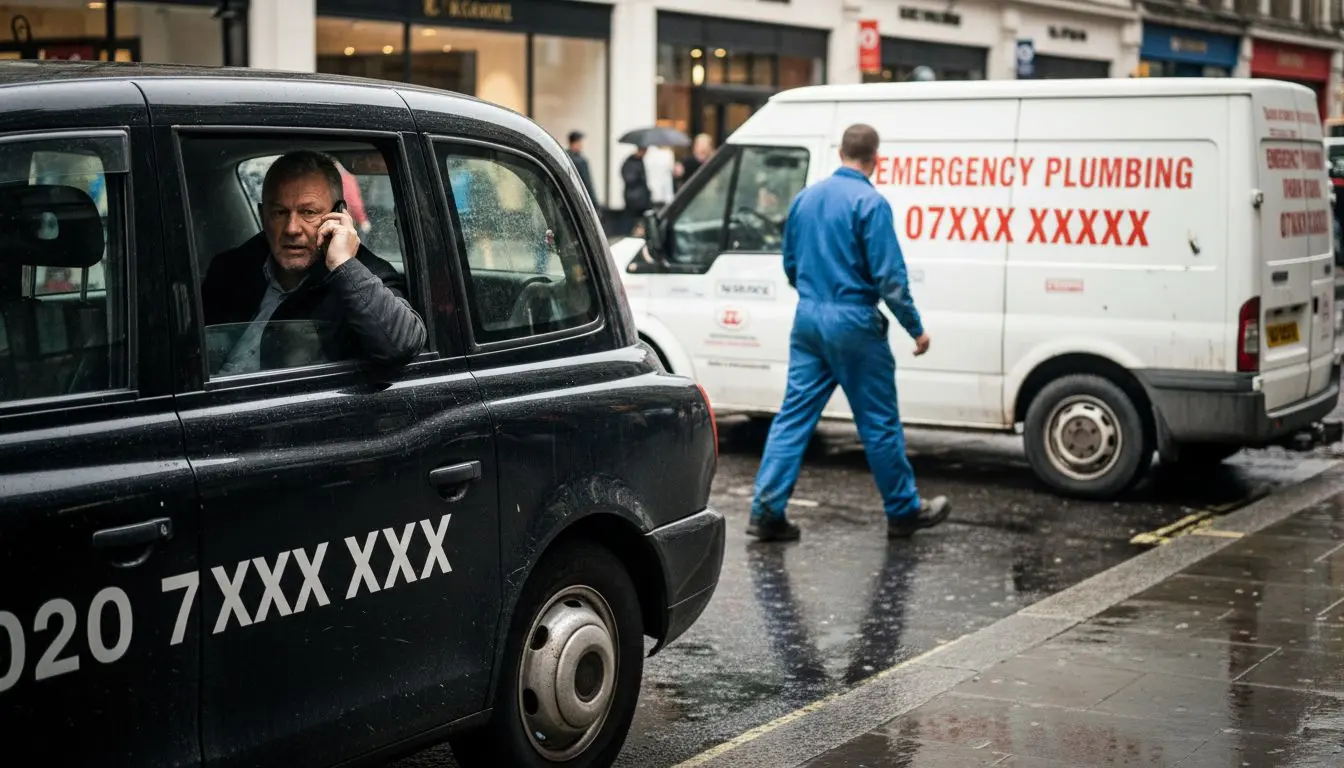 Taxi and plumber van with bold phone numbers displayed