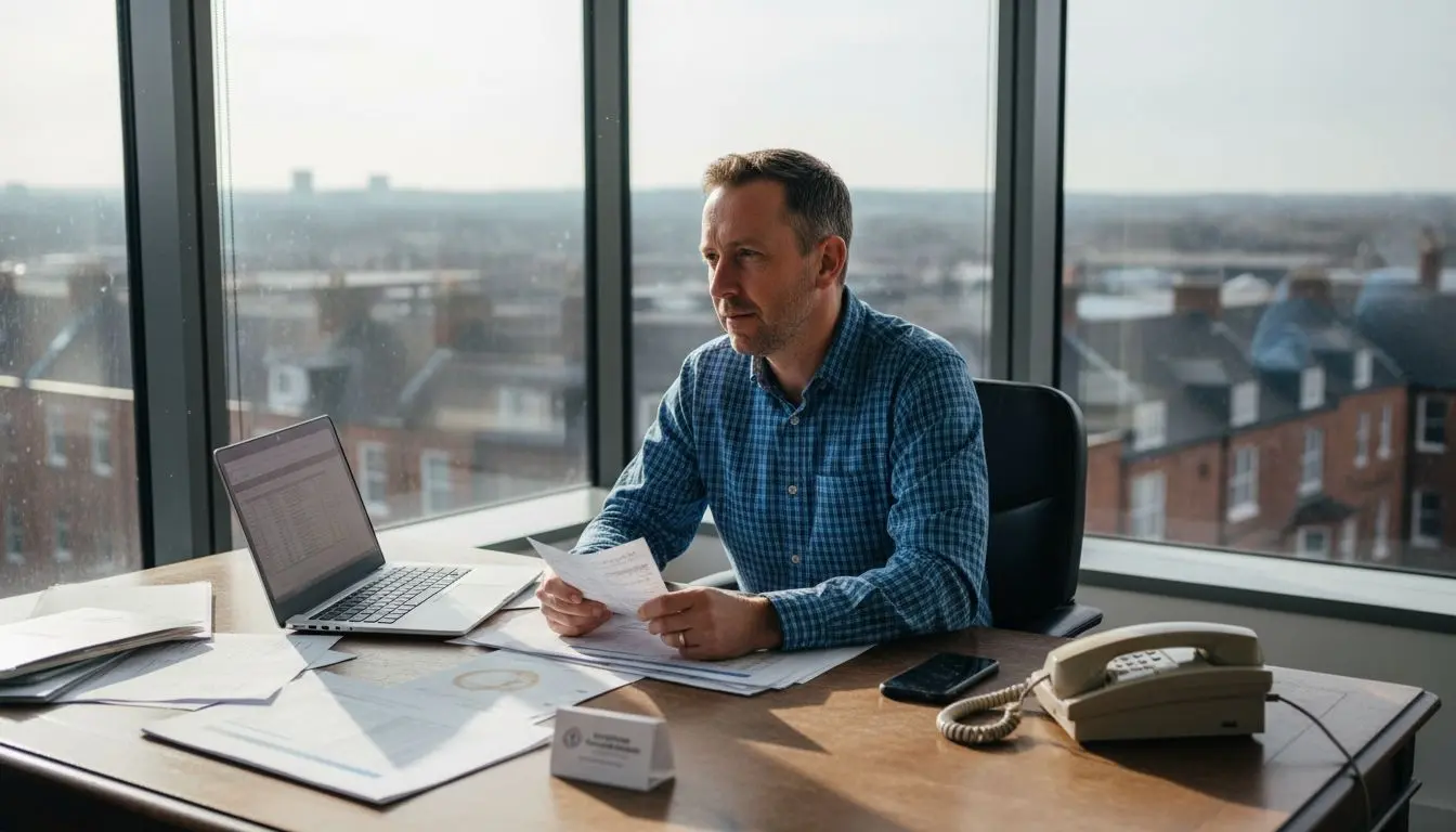 Business owner reviewing UK phone numbers at desk