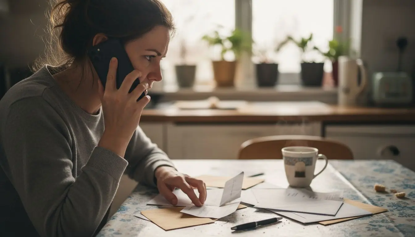 Woman dialing freephone number at kitchen table