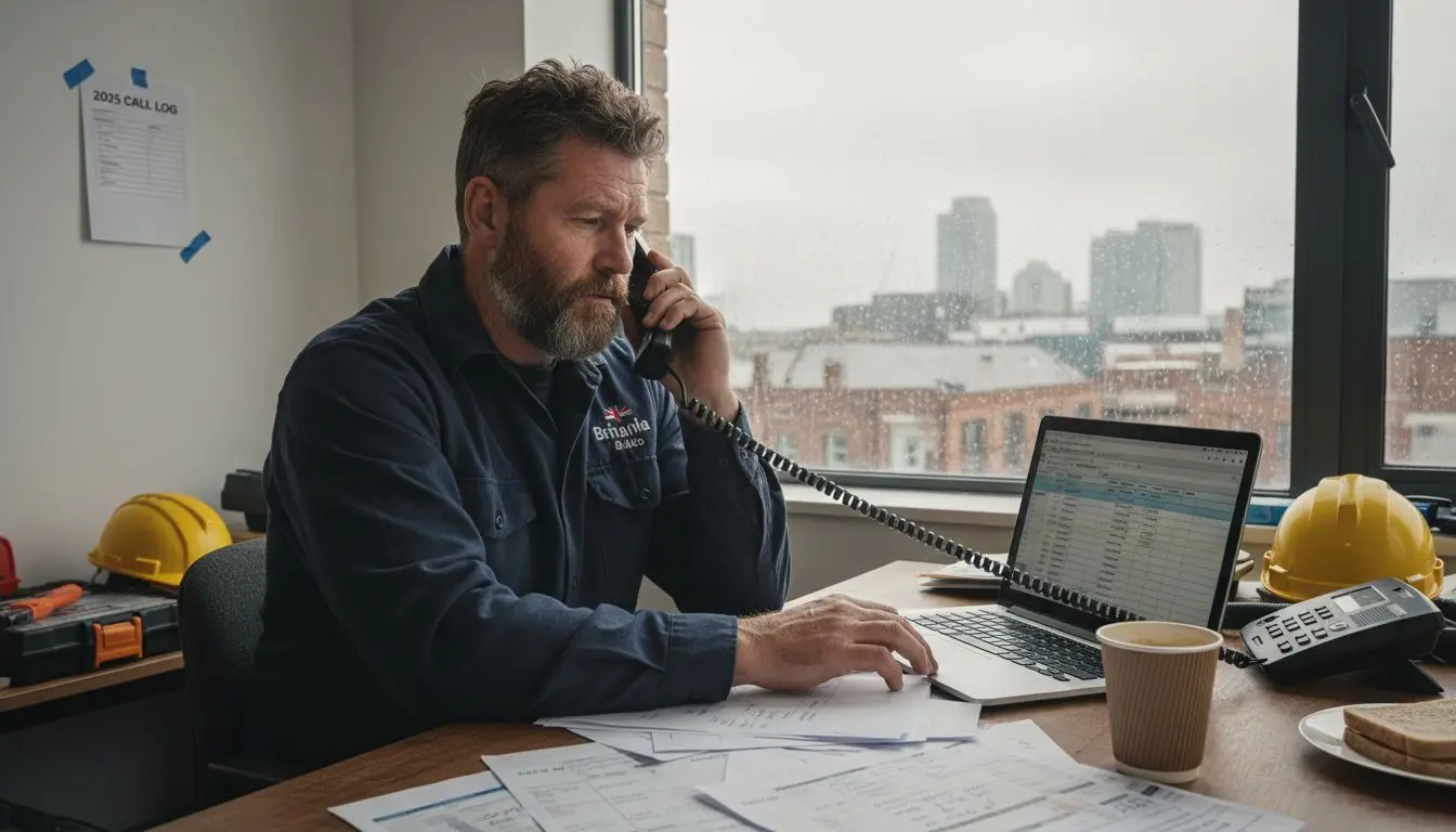 Tradesman dialing business phone in UK office