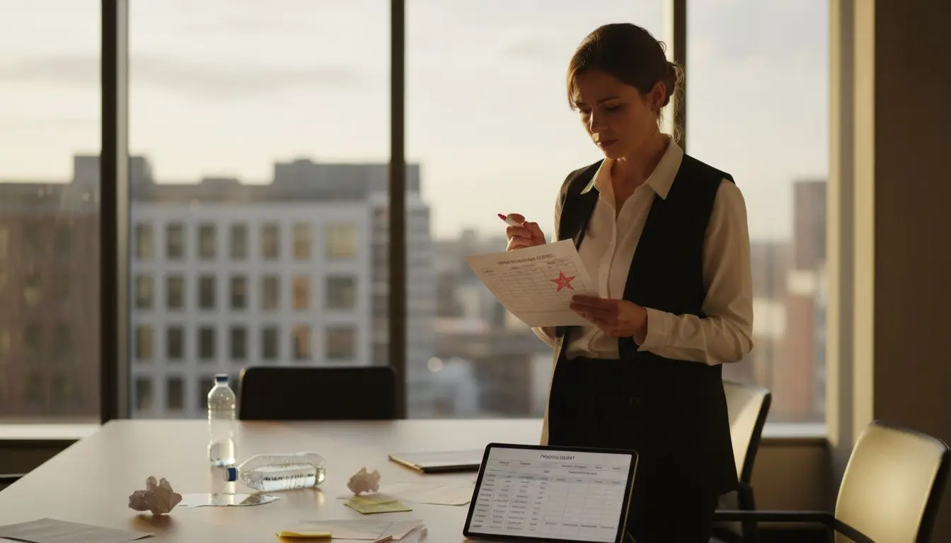 Manager reviews phone number options at meeting table